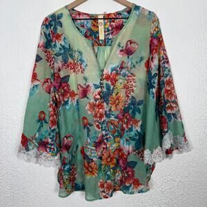 Cyrena Floral Lace Trim Blouse Boho Romantic Size Medium